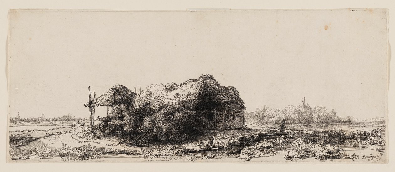 Krajina s chalupami a stodolou na seno: Podlouhlá od Rembrandt van Rijn