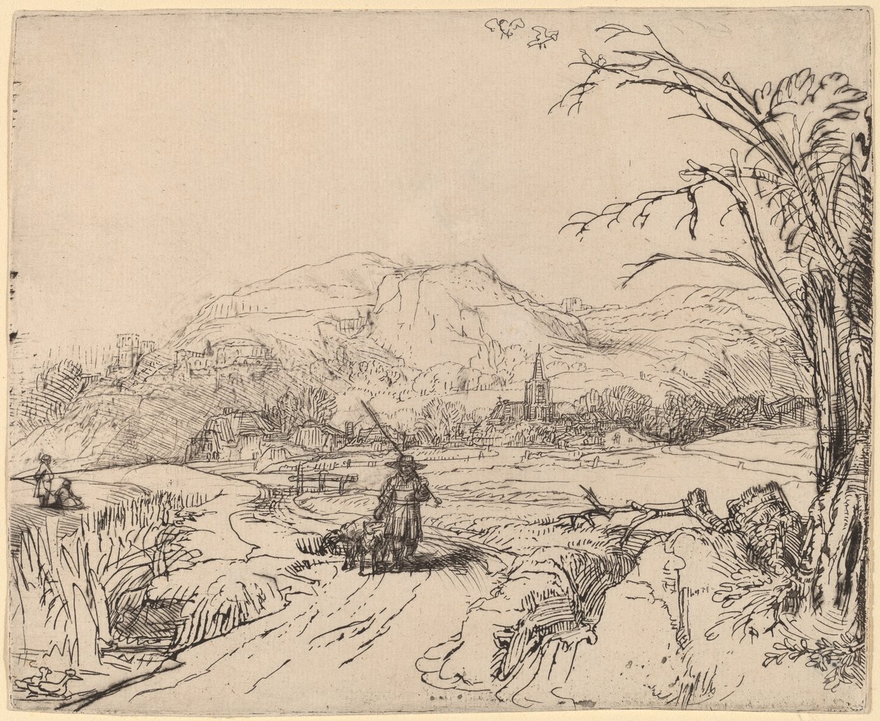 Krajina se sportovcem a psem od Rembrandt van Rijn