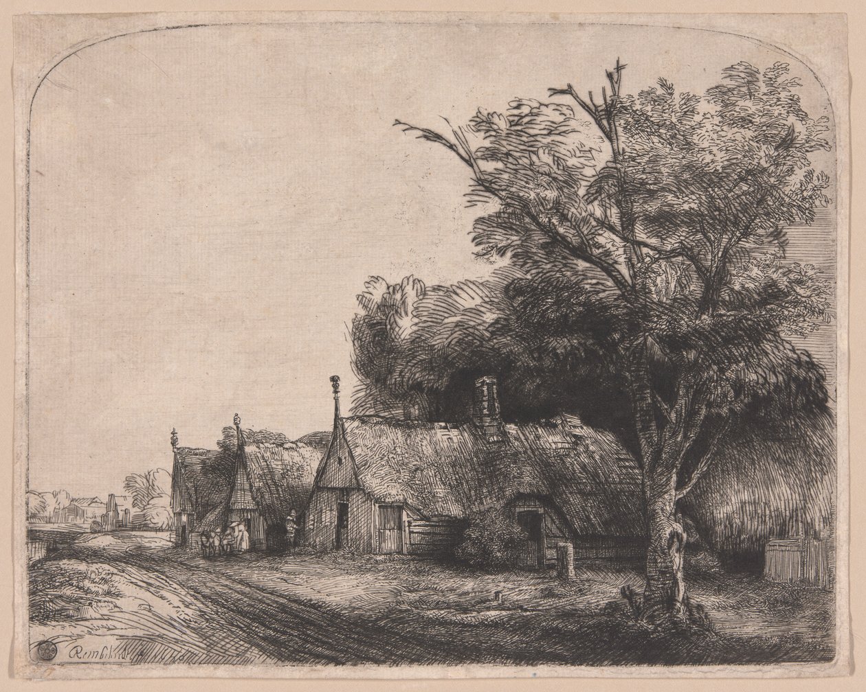 Krajina se třemi sedlovými domky vedle silnice od Rembrandt van Rijn
