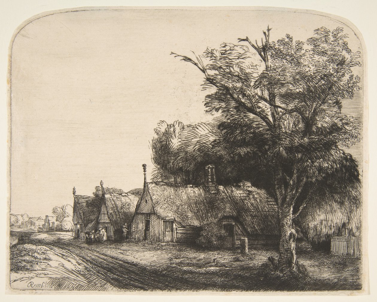 Krajina se třemi sedlovými chalupami vedle silnice, 1650. od Rembrandt van Rijn