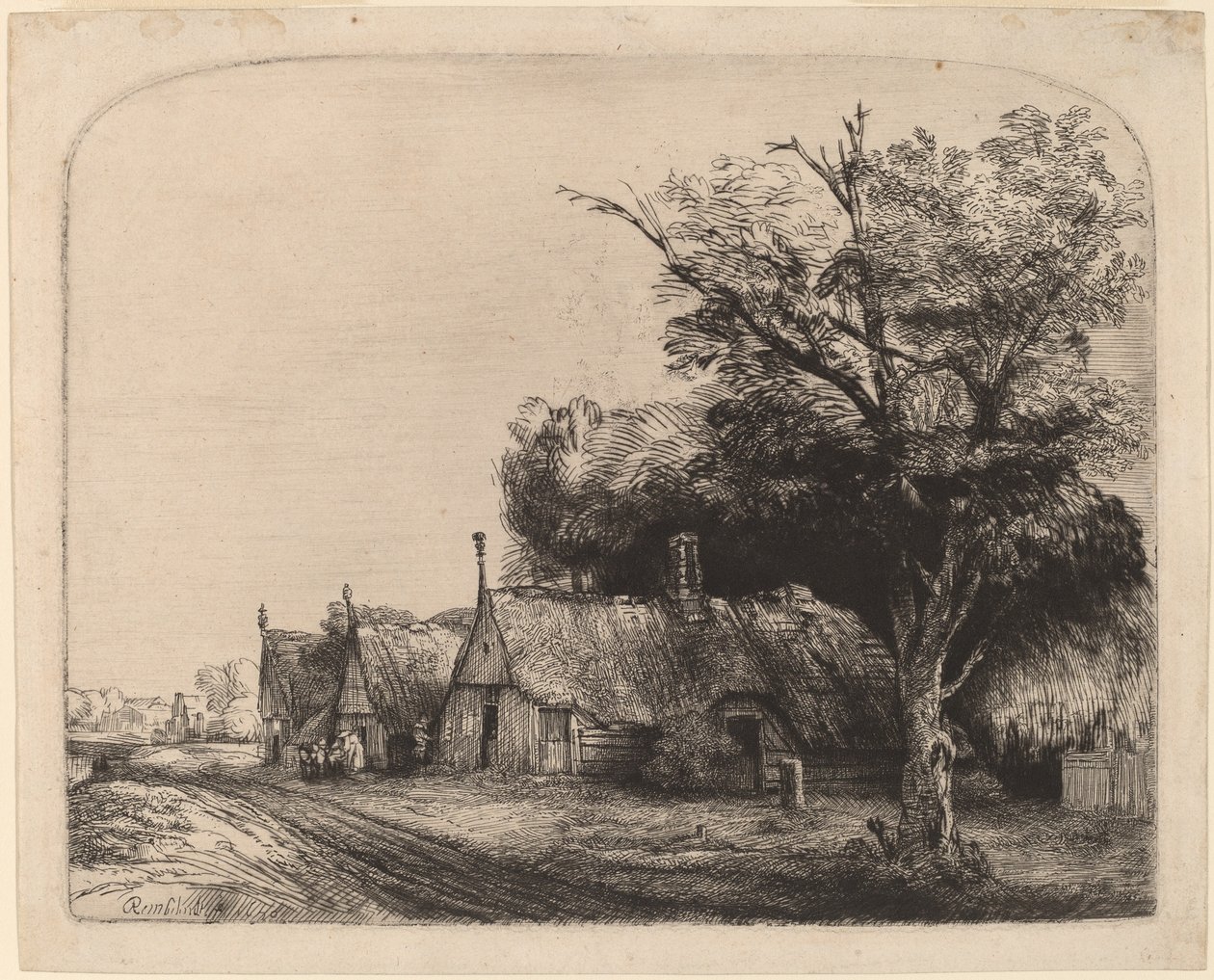 Krajina se třemi sedlovými domky vedle silnice od Rembrandt van Rijn