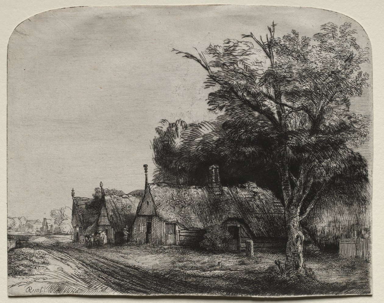 Krajina se třemi sedlovými domky vedle silnice od Rembrandt van Rijn