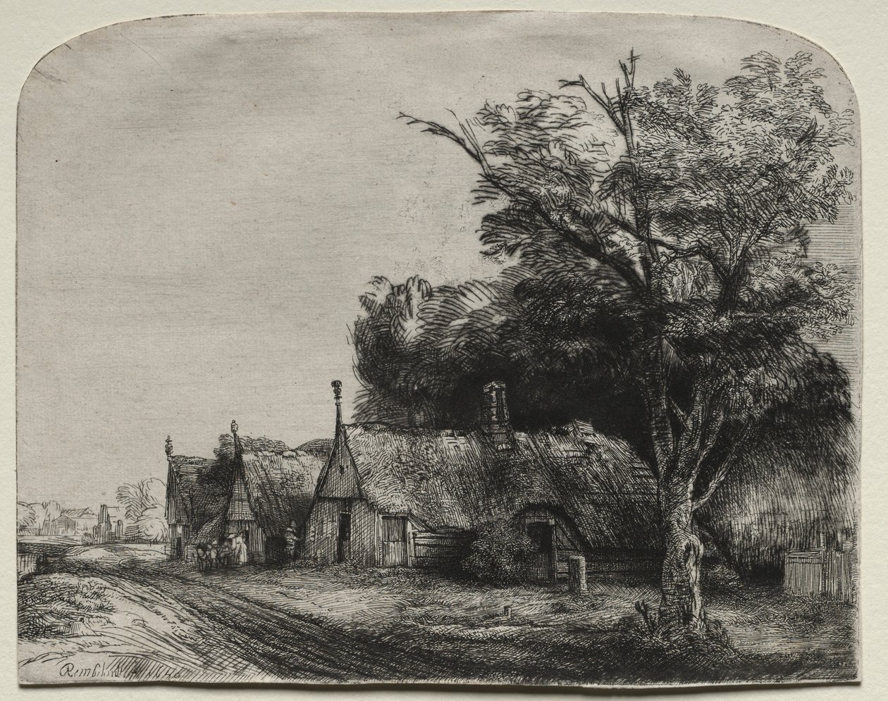 Krajina se třemi sedlovými domky vedle silnice, 1650. od Rembrandt van Rijn