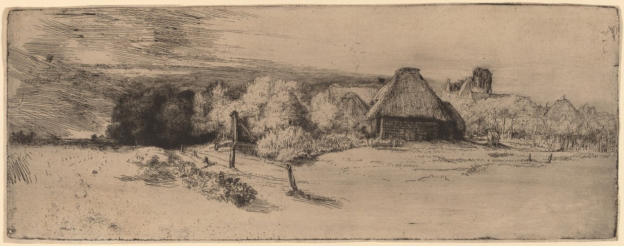 Krajina se stromy, hospodářskými budovami a věží od Rembrandt van Rijn