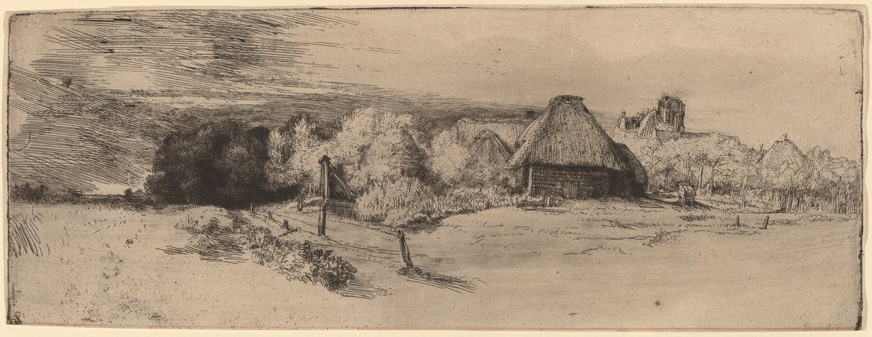 Krajina se stromy, hospodářskými budovami a věží od Rembrandt van Rijn