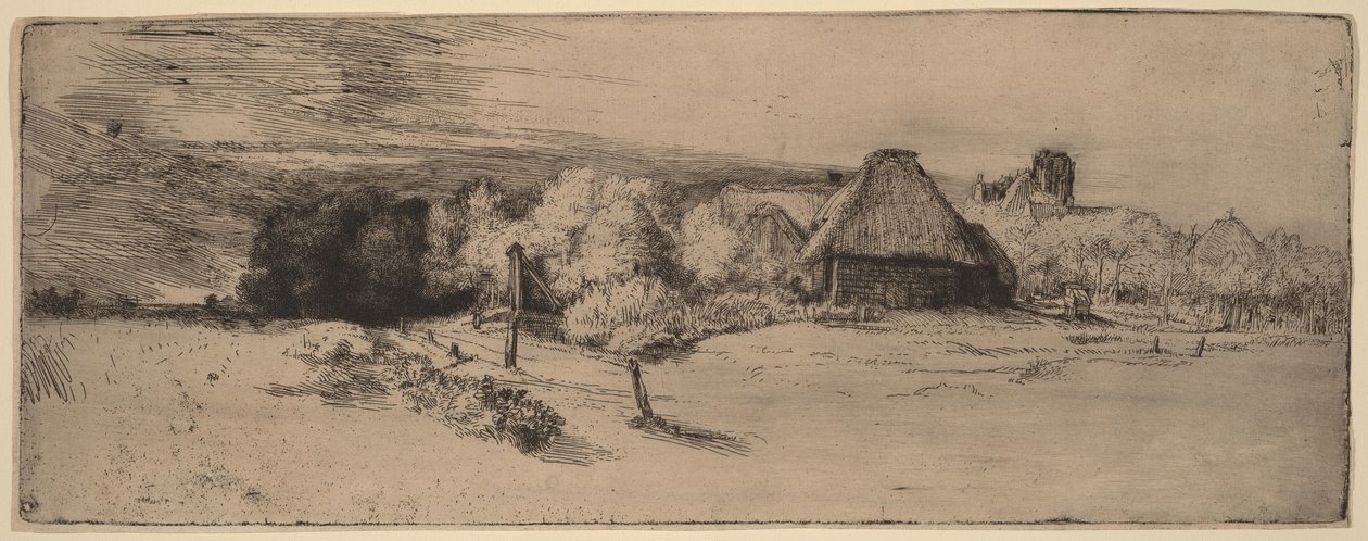 Krajina se stromy, hospodářskými budovami a věží od Rembrandt van Rijn