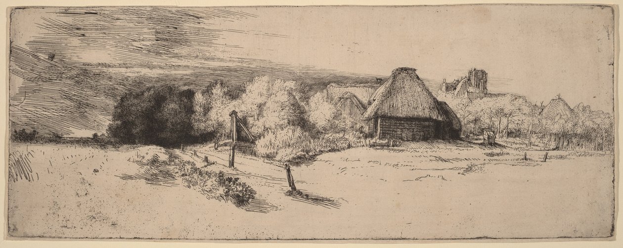 Krajina se stromy, hospodářskými budovami a věží od Rembrandt van Rijn