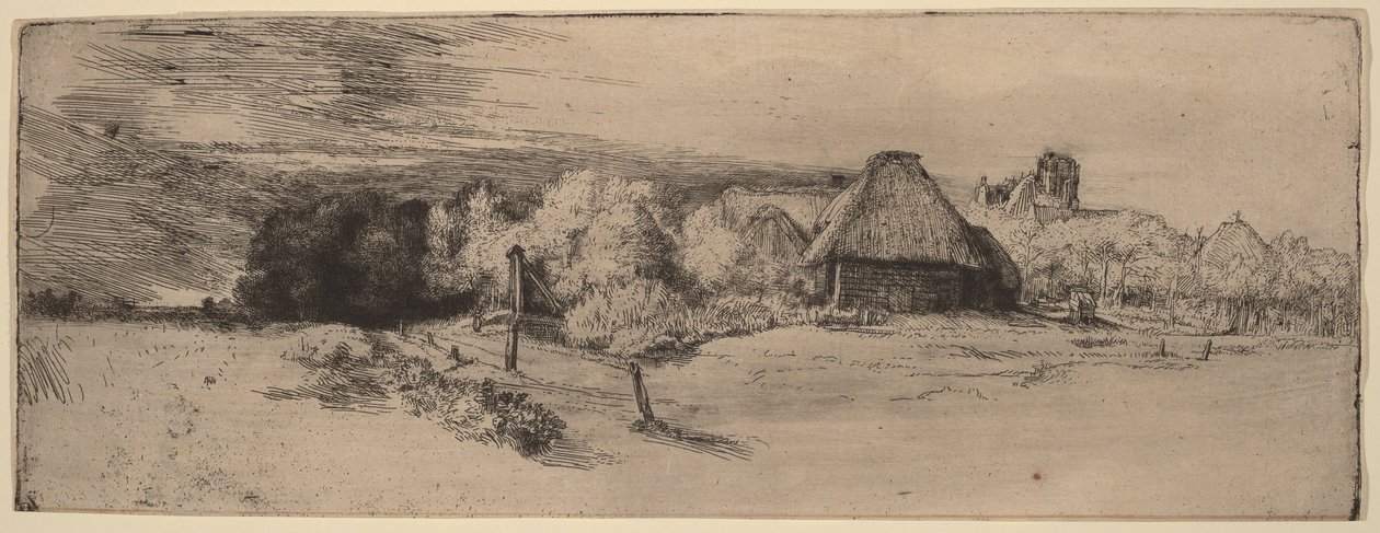 Krajina se stromy, hospodářskými budovami a věží od Rembrandt van Rijn