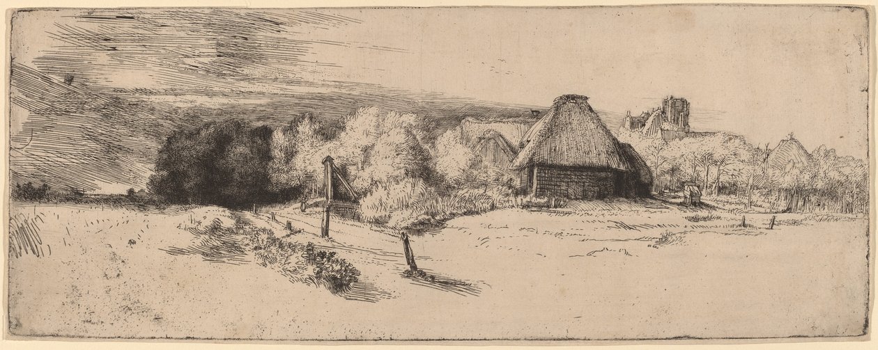 Krajina se stromy, hospodářskými budovami a věží, c. 1651. od Rembrandt van Rijn