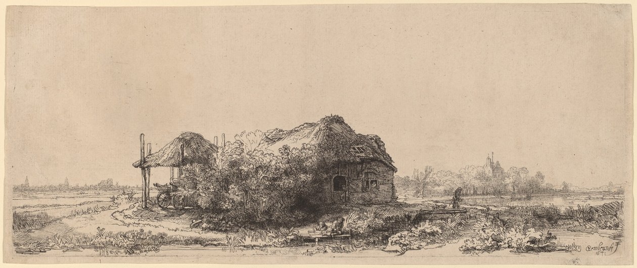 Krajina s chalupou a stodolou na seno: Podlouhlá od Rembrandt van Rijn