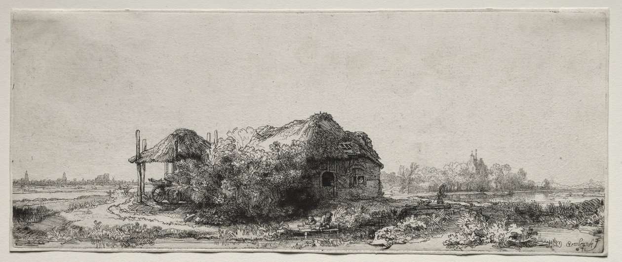 Krajina s chalupou a stodolou na seno: Podlouhlá od Rembrandt van Rijn
