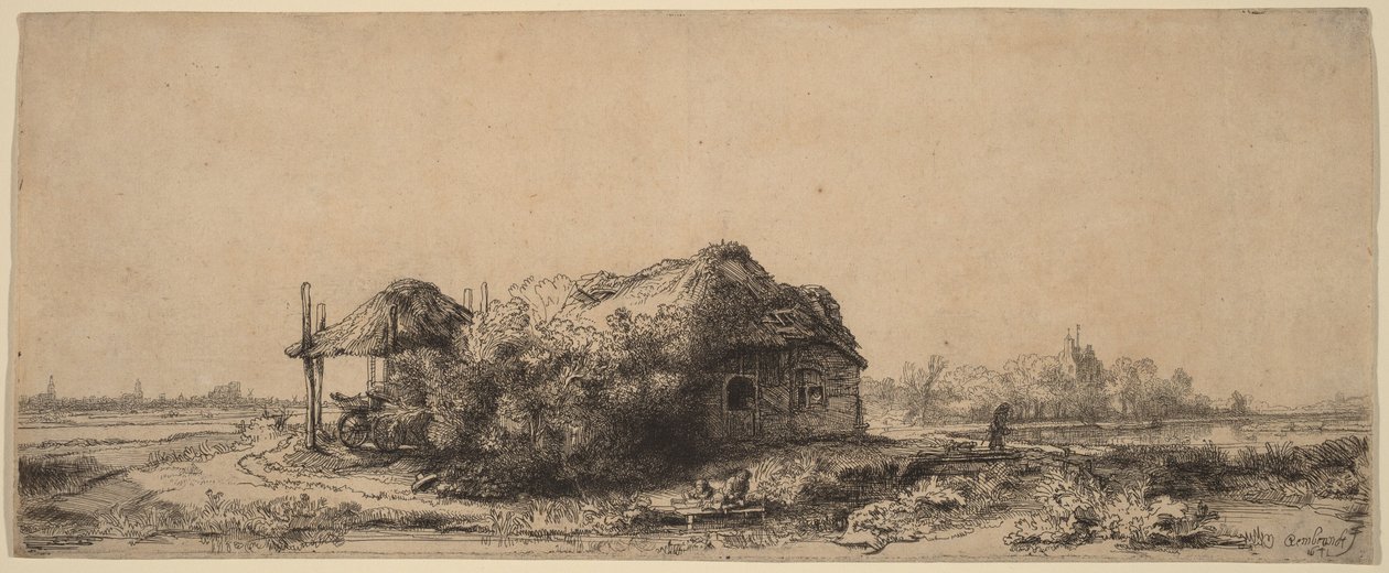 Krajina s chalupou a seníkem: podlouhlý od Rembrandt van Rijn