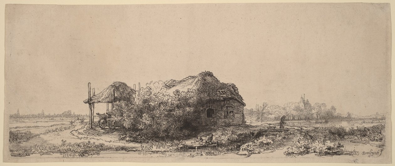 Krajina s chalupou a seníkem: podlouhlý od Rembrandt van Rijn