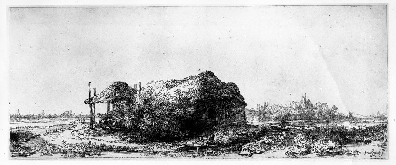 Krajina s chalupou a senem, leptané Jamesem Brethertonem od Rembrandt van Rijn