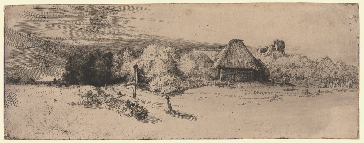 Krajina s hospodářskou budovou a "Dům s věží" od Rembrandt van Rijn