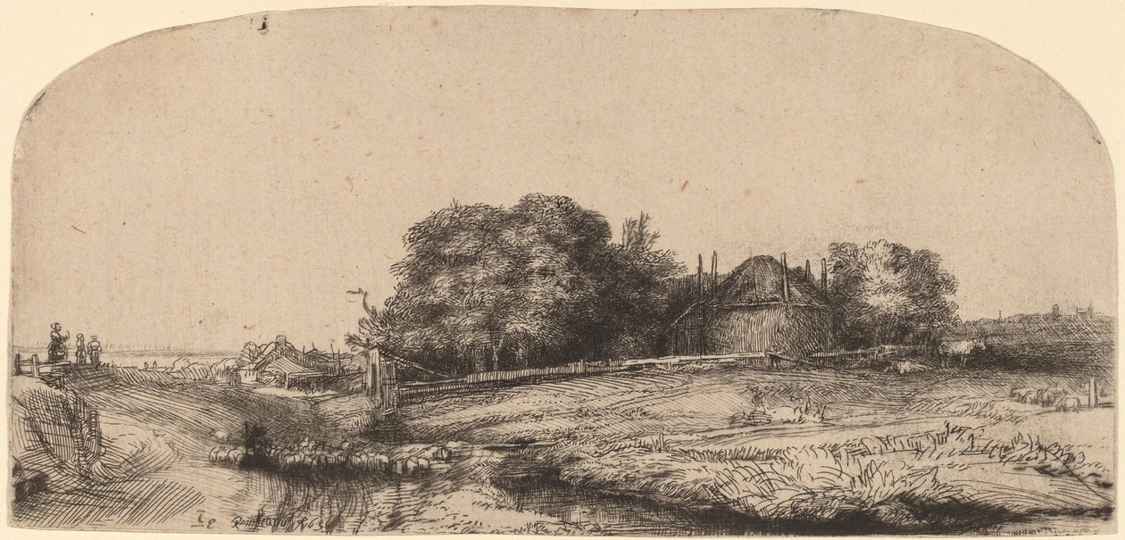 Krajina se stodolou na seno a stádem ovcí od Rembrandt van Rijn