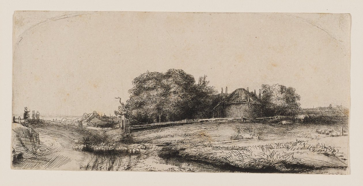 Krajina se stodolou na seno a stádem ovcí od Rembrandt van Rijn