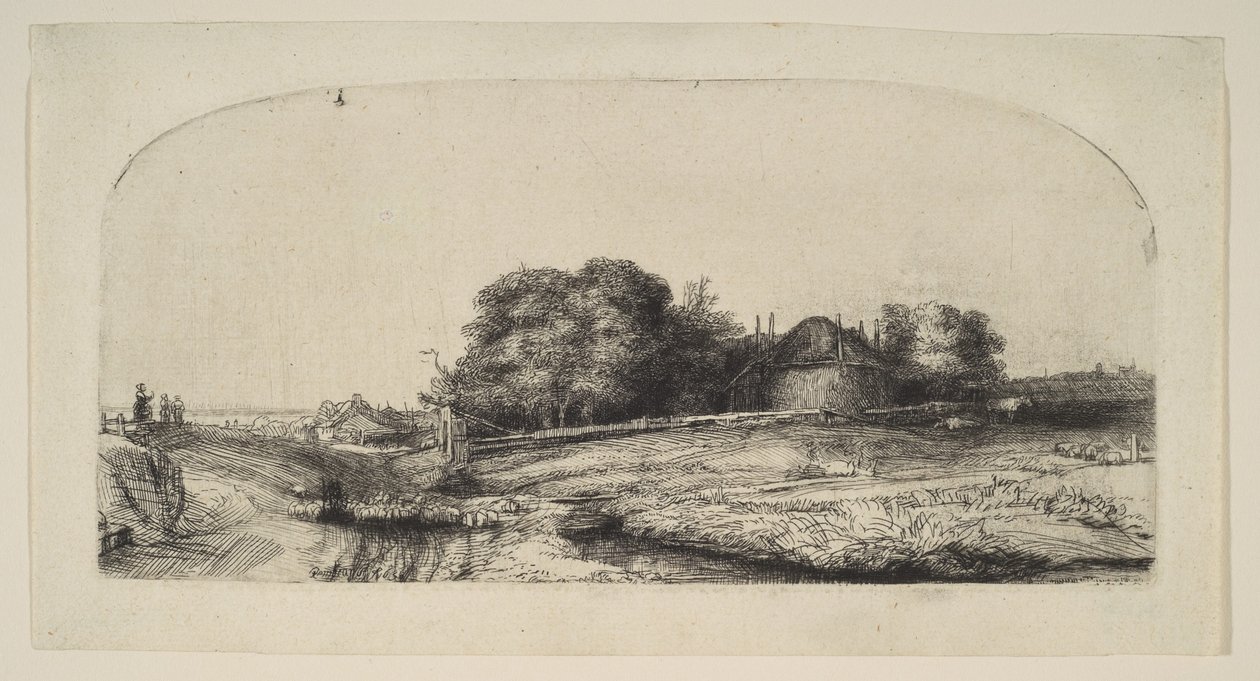 Krajina se stodolou na seno a stádem ovcí, 1652. od Rembrandt van Rijn