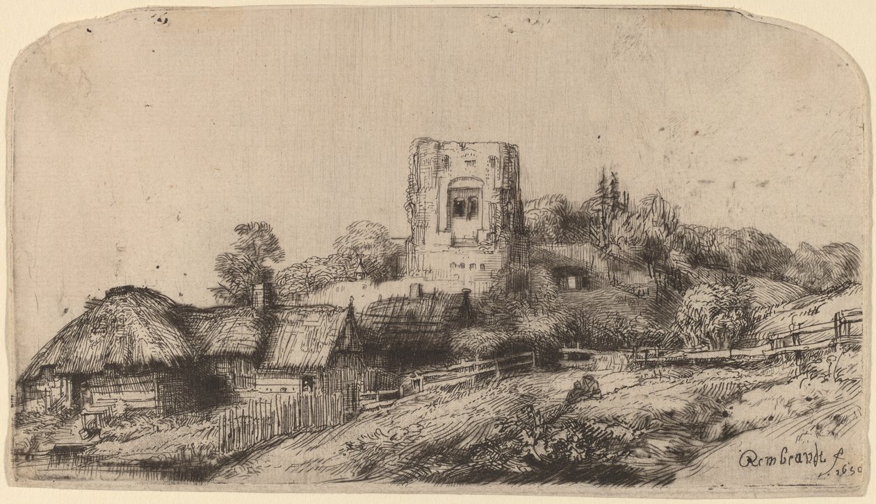 Krajina se čtvercovou věží od Rembrandt van Rijn