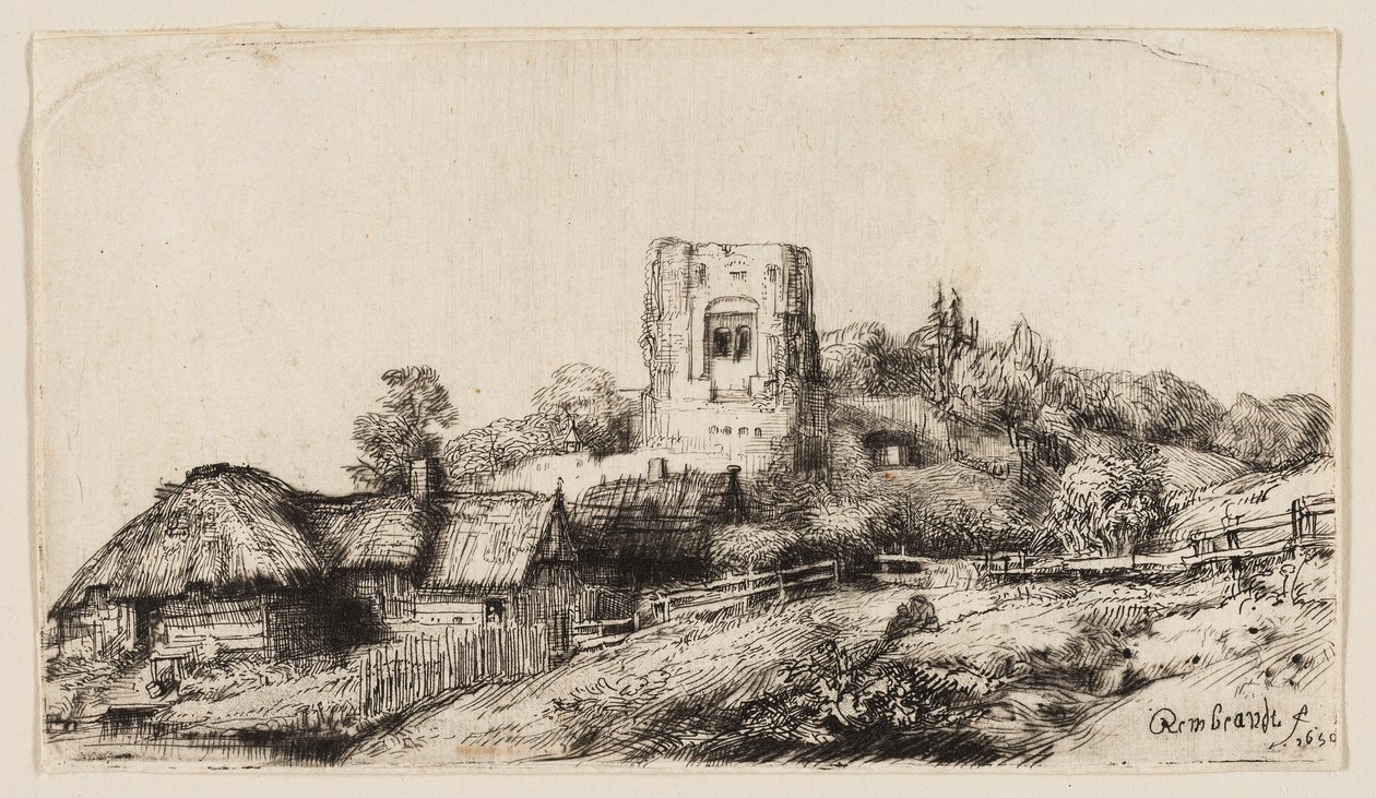 Krajina se čtvercovou věží od Rembrandt van Rijn