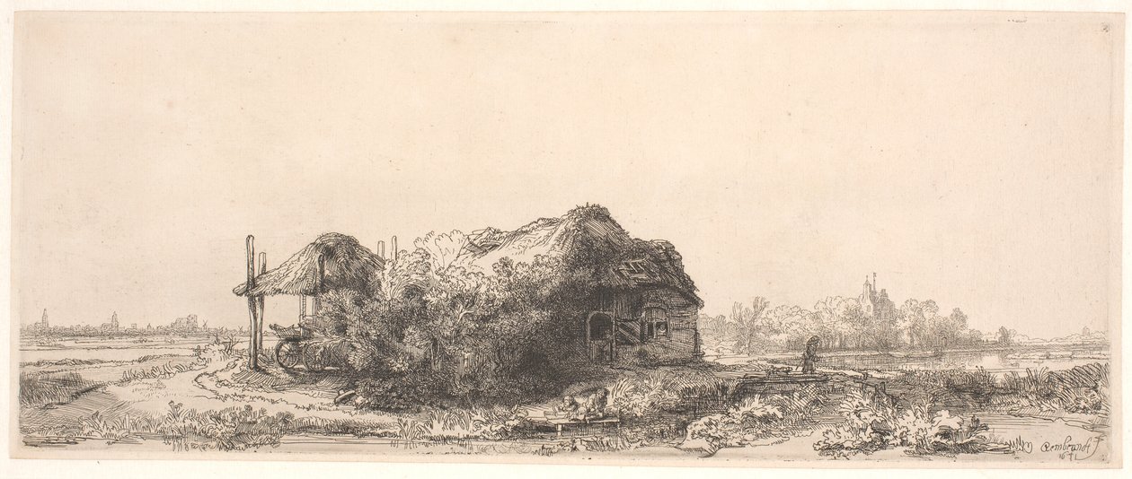 Krajina s chalupou a seníkem: podlouhlý od Rembrandt van Rijn