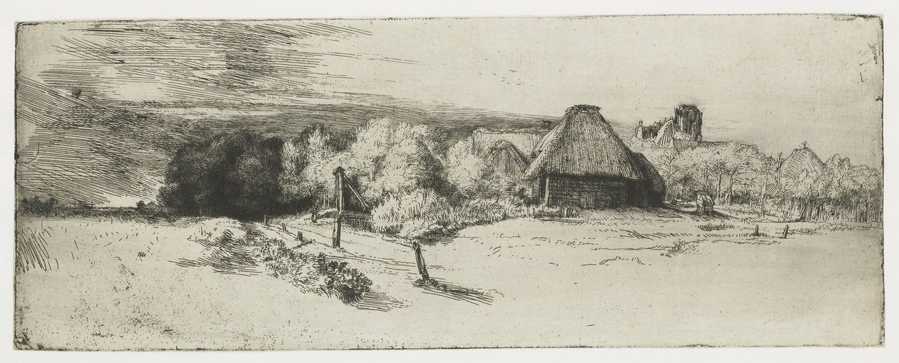 Krajina s hospodářskou budovou a "dům s věží" od Rembrandt van Rijn