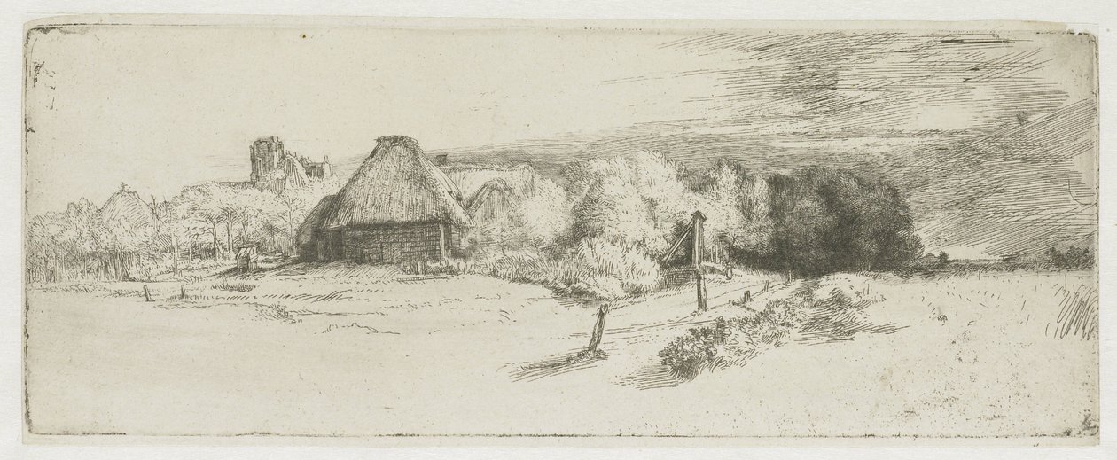 Krajina s hospodářskou budovou a „domem s věží“ od Rembrandt van Rijn