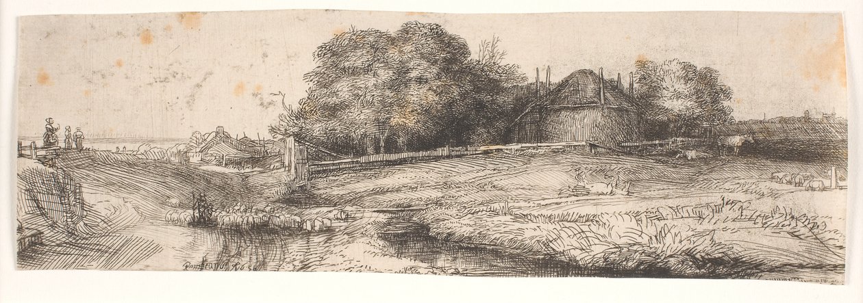 Krajina se stodolou na seno a stádem ovcí od Rembrandt van Rijn