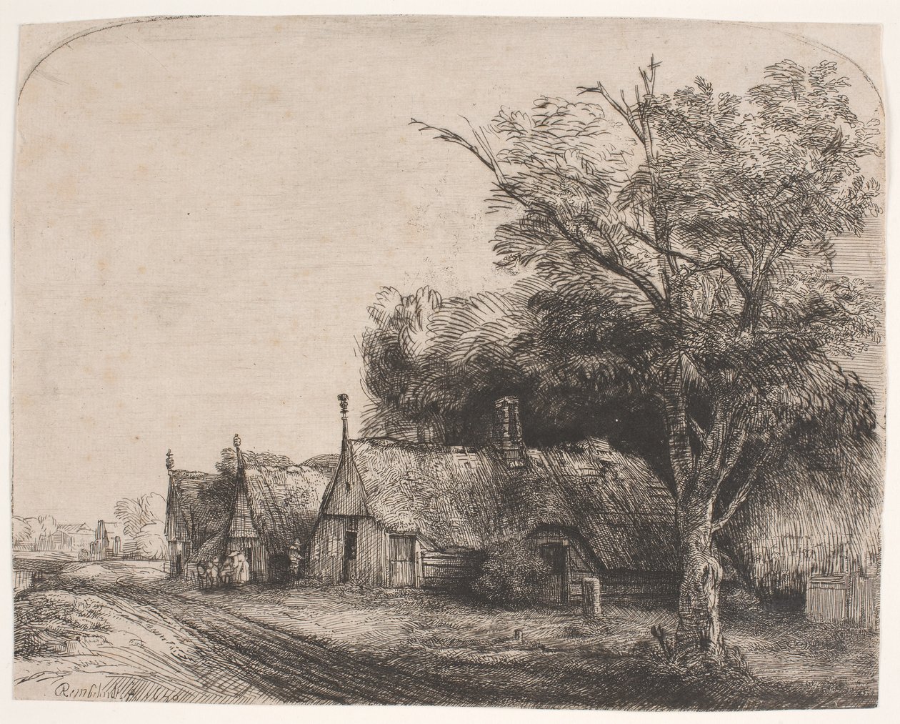 Krajina se třemi sedlovými chalupami u silnice od Rembrandt van Rijn