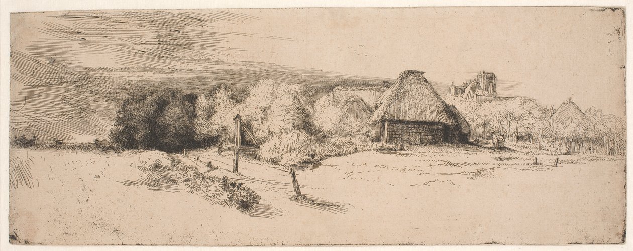 Krajina se stromy, hospodářskými budovami a věží od Rembrandt van Rijn