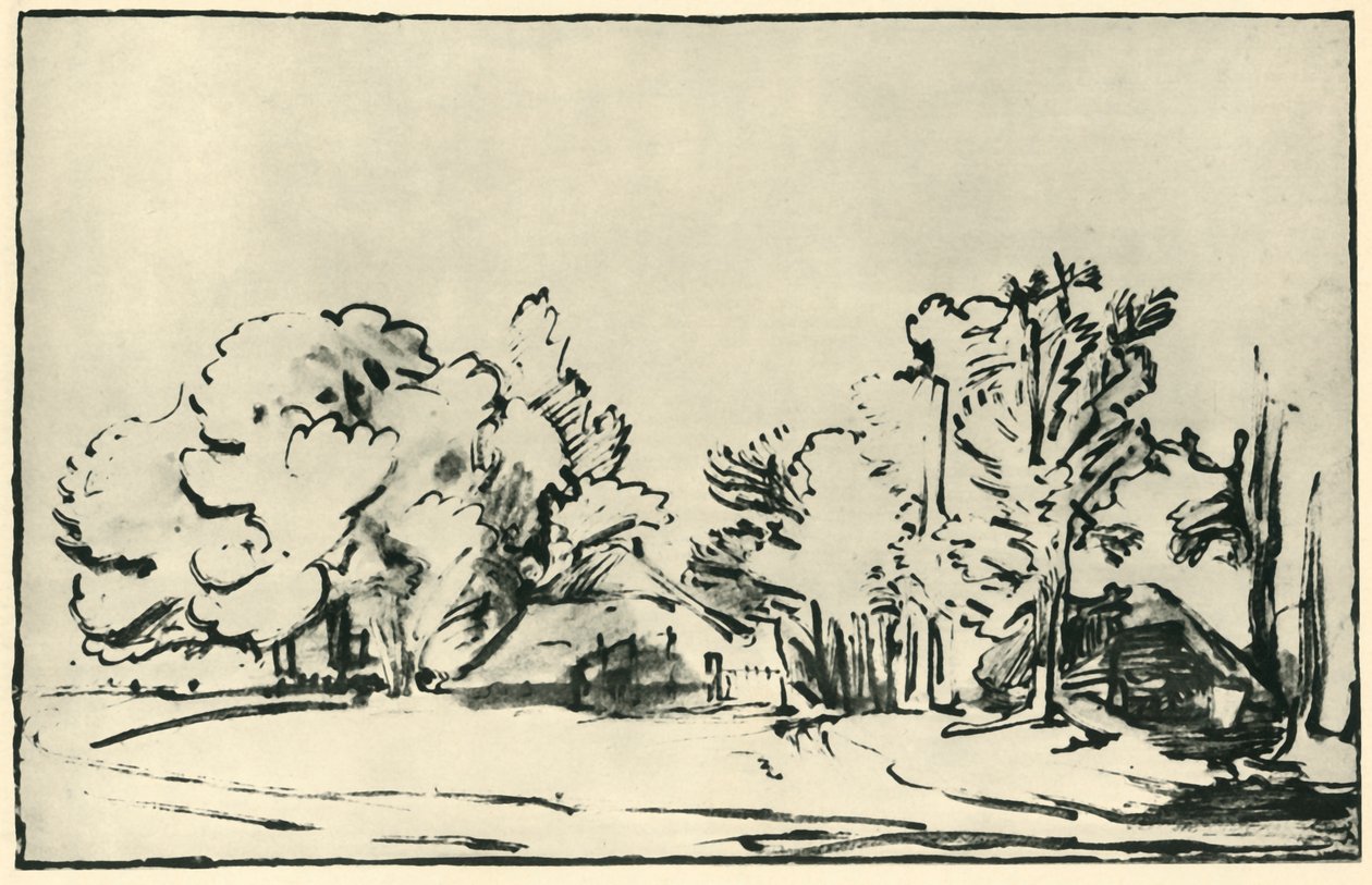 Krajina se dvěma chalupami, c1650-1655, 1943. od Rembrandt van Rijn