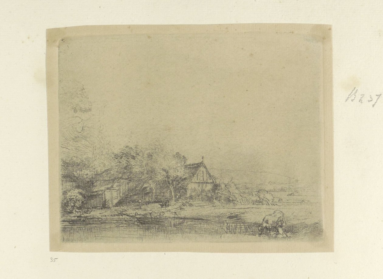 Landschap se setkal s drinkende koe Kolekce osmdesáti pěti původních tisků (název série) od Rembrandt van Rijn