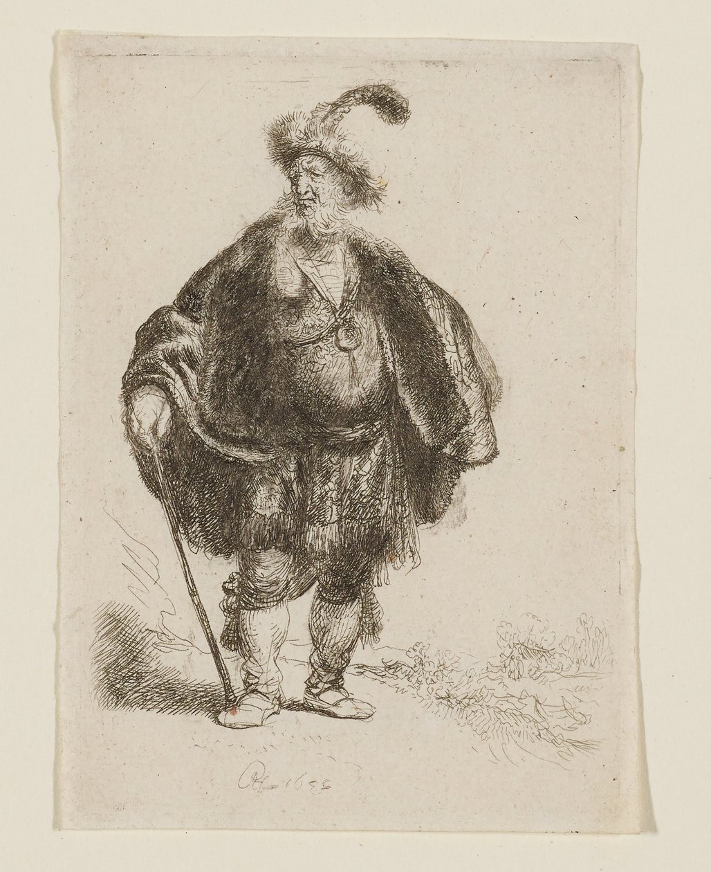 Stojící muž v orientálním oděvu a kožešinové čepici s pérem od Rembrandt van Rijn