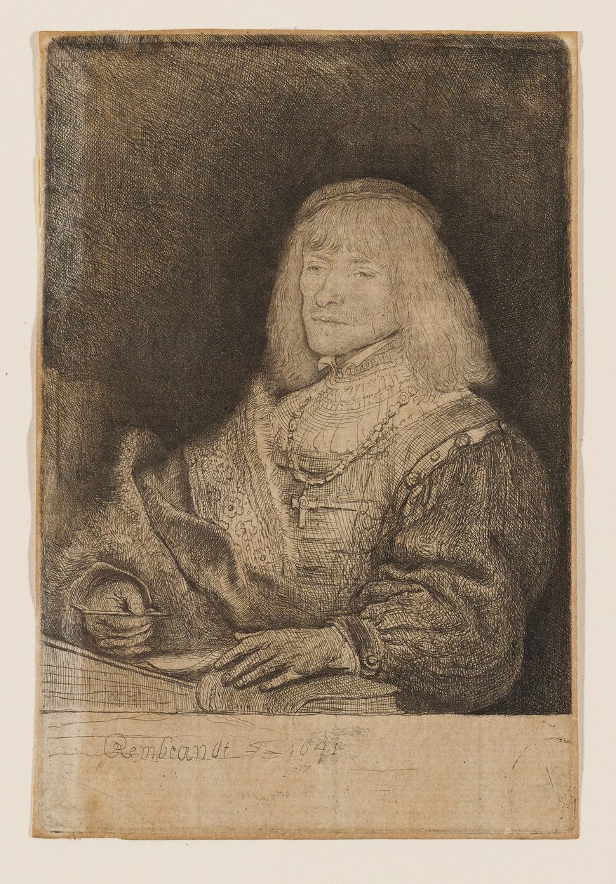 Muž u stolu, s křížkem a řetízkem od Rembrandt van Rijn