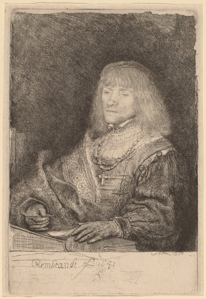 Muž u stolu s křížem a řetězem od Rembrandt van Rijn