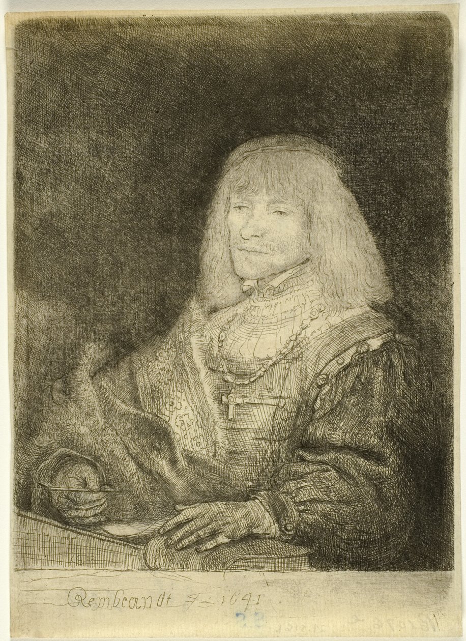 Muž u stolu s křížem a řetězem od Rembrandt van Rijn