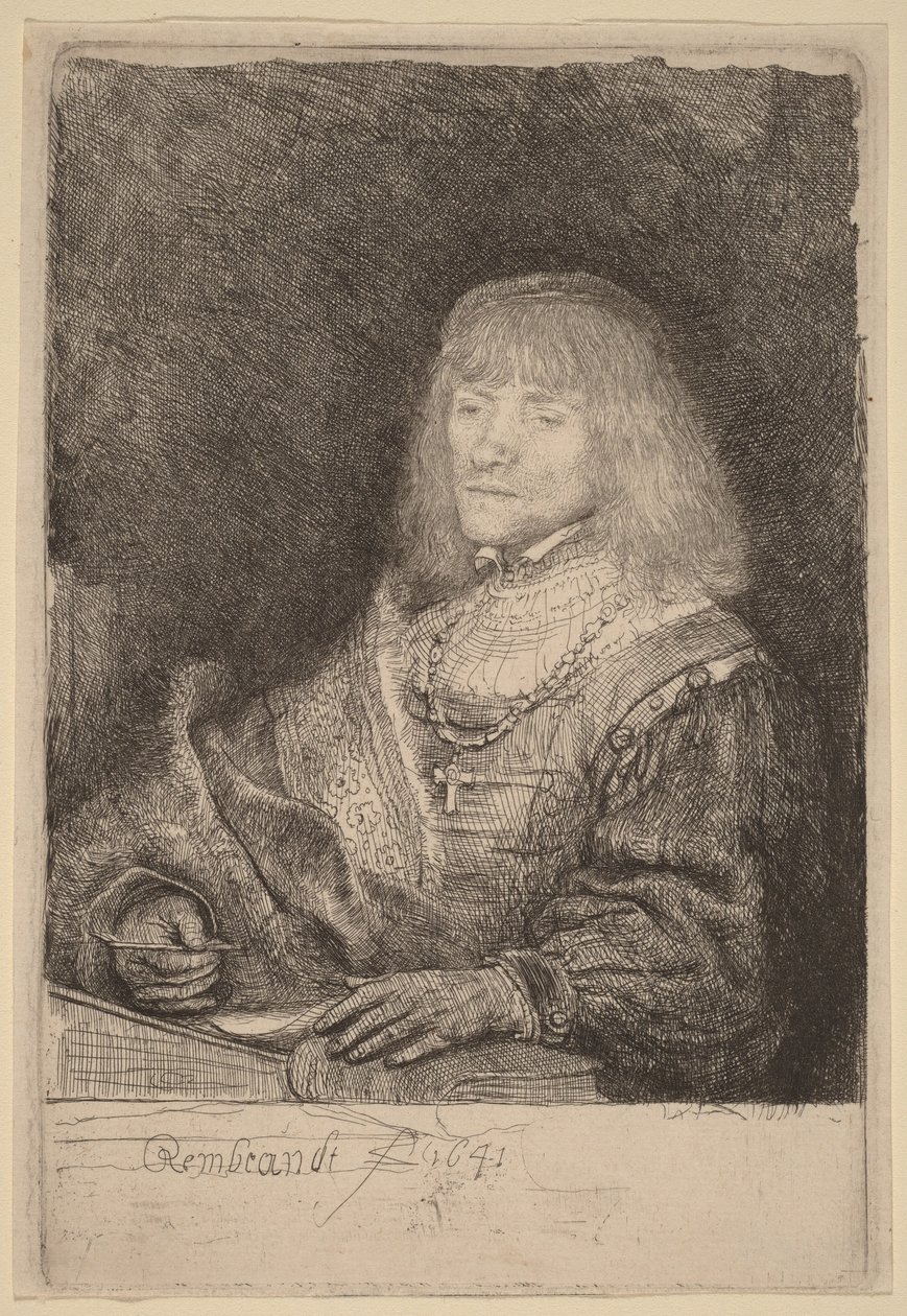 Muž u stolu s křížkem a řetízkem od Rembrandt van Rijn