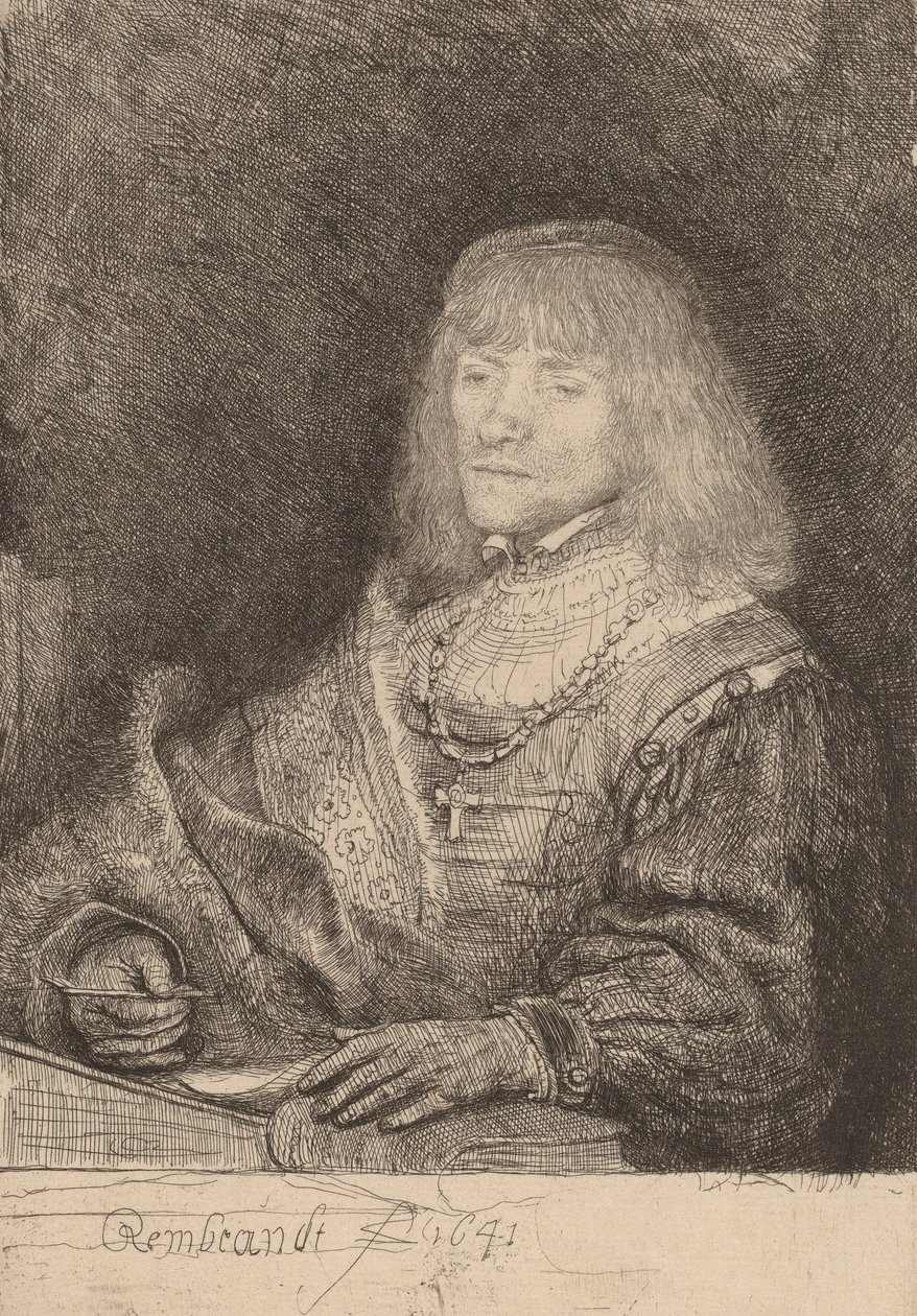 Muž u stolu s křížem a řetězem, 1641. od Rembrandt van Rijn