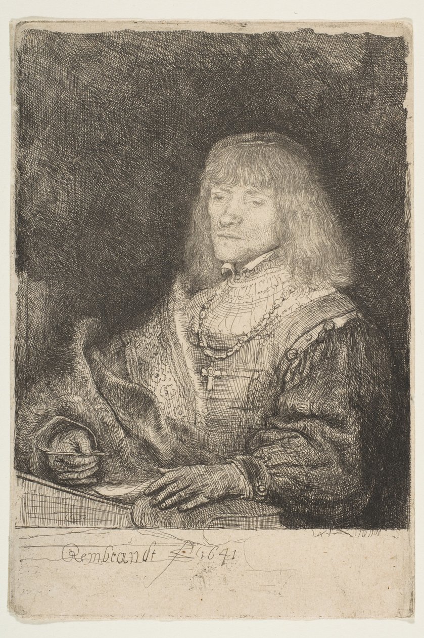 Muž u stolu s křížem a řetězem, 1641. od Rembrandt van Rijn
