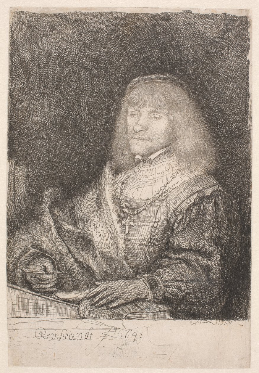 Muž u stolu, na krku má křížek na řetízku od Rembrandt van Rijn