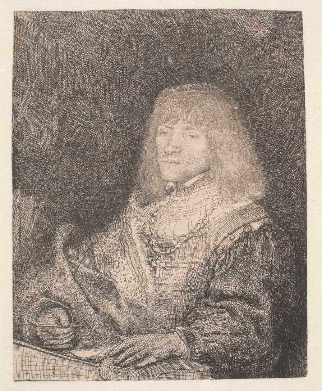 Muž u stolu, na krku má křížek na řetízku od Rembrandt van Rijn