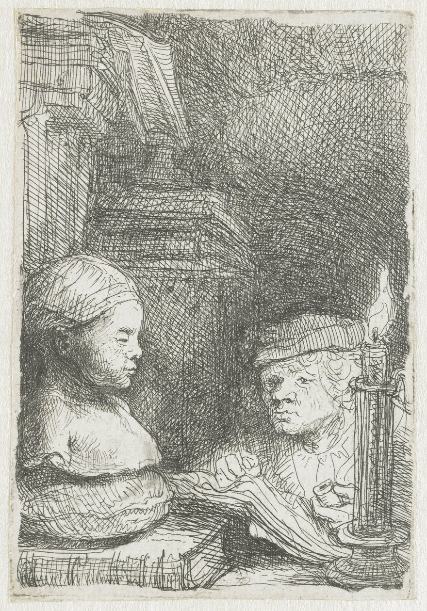 Muž kreslení z odlitku od Rembrandt van Rijn