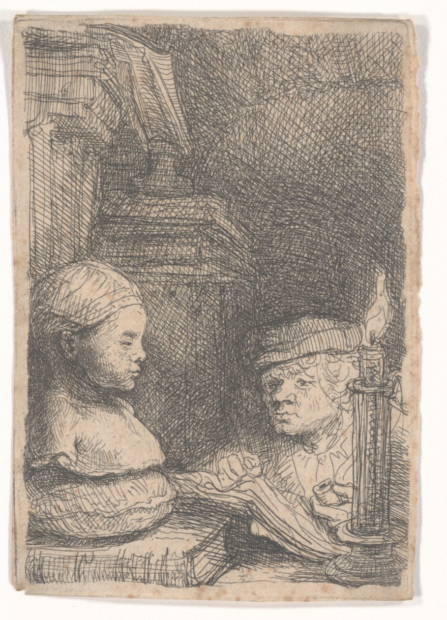 Muž kreslení z odlitku od Rembrandt van Rijn