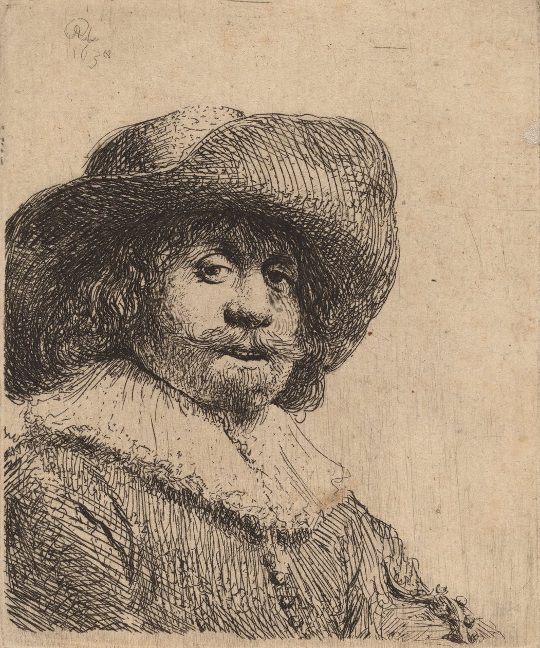 Muž v klobouku se širokou krempou, možná 1638. od Rembrandt van Rijn