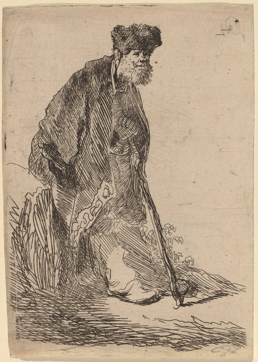 Muž v kabátu a kožešinové čepici opřený o banku od Rembrandt van Rijn