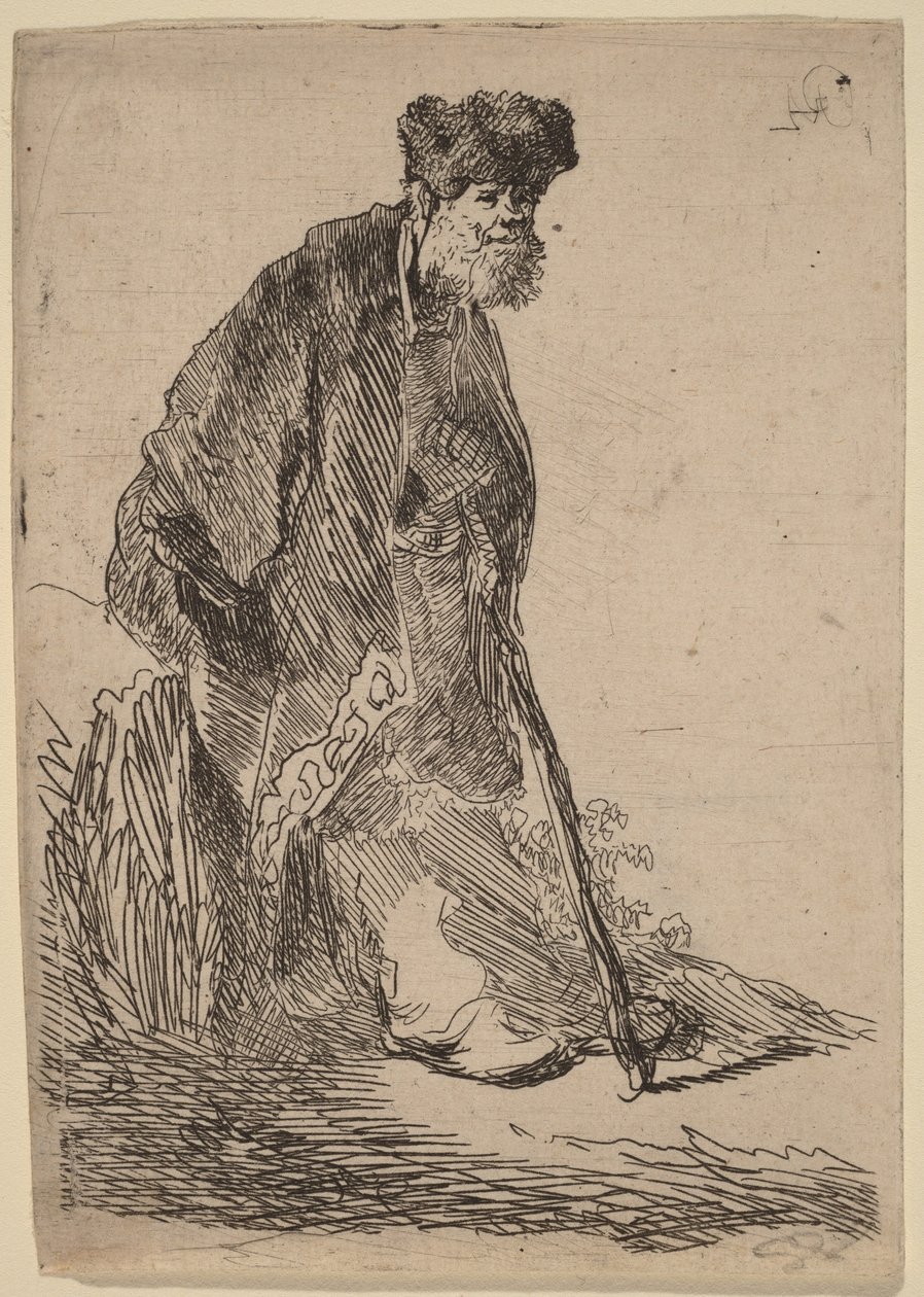 Muž v kabátě a kožešinové čepici, opírající se o lavičku od Rembrandt van Rijn
