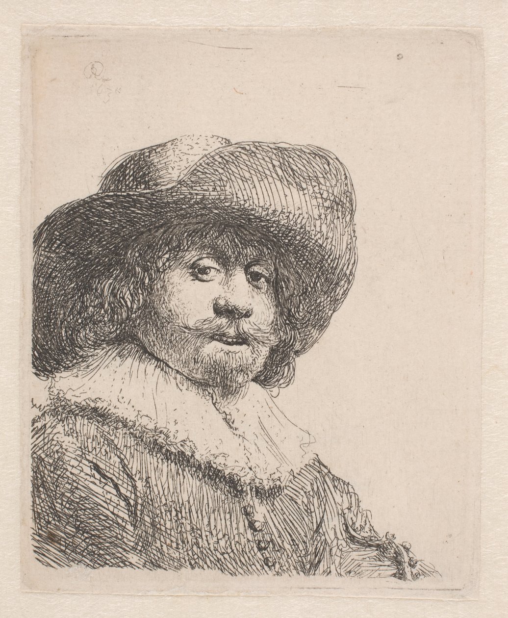 Muž v klobouku se širokou krempou a volánkem od Rembrandt van Rijn