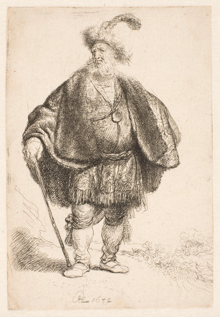 Muž stojící v orientálním oděvu a kožešinové čepici s pérem od Rembrandt van Rijn