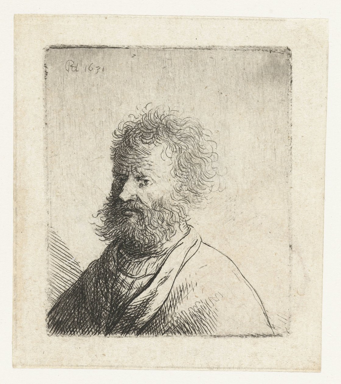 Muž s čtvercovým vousem a kudrnatými vlasy: busta od Rembrandt van Rijn