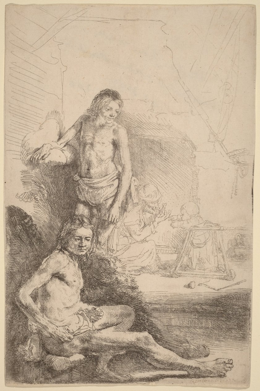 Sedící nahý muž a stojící nahý muž, v pozadí žena s dítětem od Rembrandt van Rijn